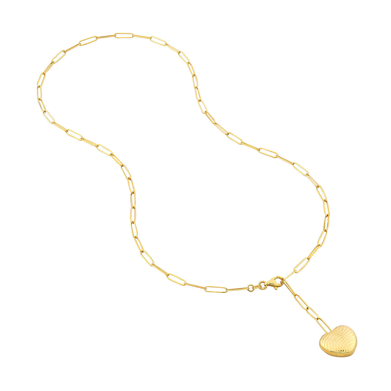 14k Yellow Gold Puff Textured Heart Charm Lariat Y Paper Clip Link Necklace Chain