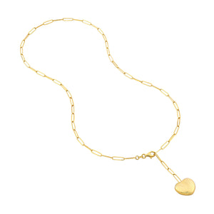 14k Yellow Gold Puff Textured Heart Charm Lariat Y Paper Clip Link Necklace Chain