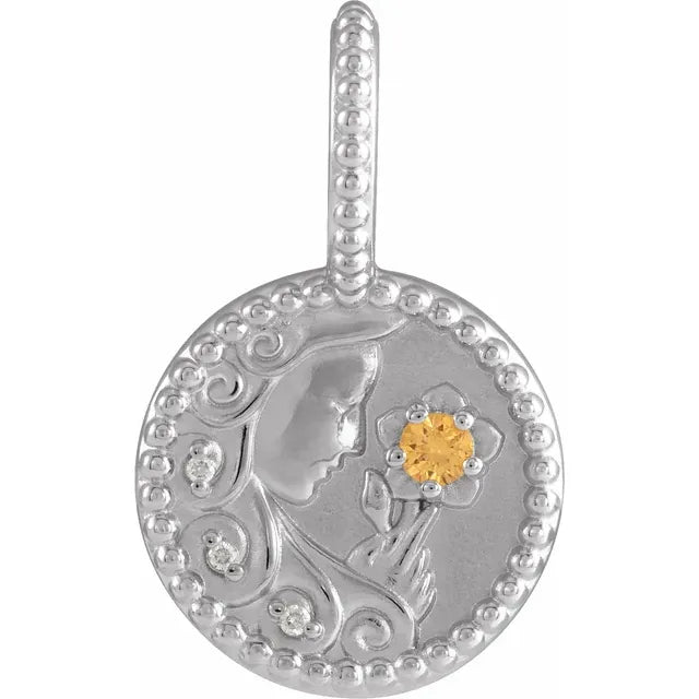 Platinum 14k Yellow Rose White Gold Sterling Silver Diamond and Orange Garnet Virgo Zodiac Horoscope Round Medallion Pendant Charm