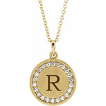 Load image into Gallery viewer, Platinum 14k Yellow Rose White Gold Diamond Round Medallion Disc Letter Initial Alphabet Personalized Engraved Pendant Charm Necklace
