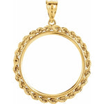 Load image into Gallery viewer, 14K Yellow Gold United States US $10 Dollar or 1/2 oz ounce Chinese Panda Coin Holder Holds 27mm x 2mm Coins Tab Back Frame Pendant Charm Rope Design
