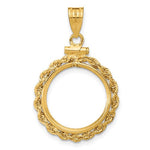 Load image into Gallery viewer, 14K Yellow Gold 1/10 oz American Eagle 1/10 oz Krugerrand Coin Holder Holds 16.5mm Coins Rope Bezel Screw Top Pendant Charm
