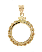 Load image into Gallery viewer, 14K Yellow Gold 1/10 oz Maple Leaf 1/10 oz Philharmonic 1/10 oz Australian Nugget 1/10 oz Kangaroo Coin Holder Holds 16mm Coins Rope Bezel Screw Top Pendant Charm
