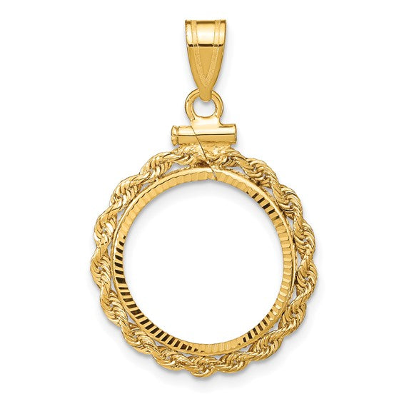 14K Yellow Gold 1/10 oz American Eagle 1/10 oz Krugerrand Coin Holder Holds 16.5mm Coins Rope Bezel Screw Top Pendant Charm