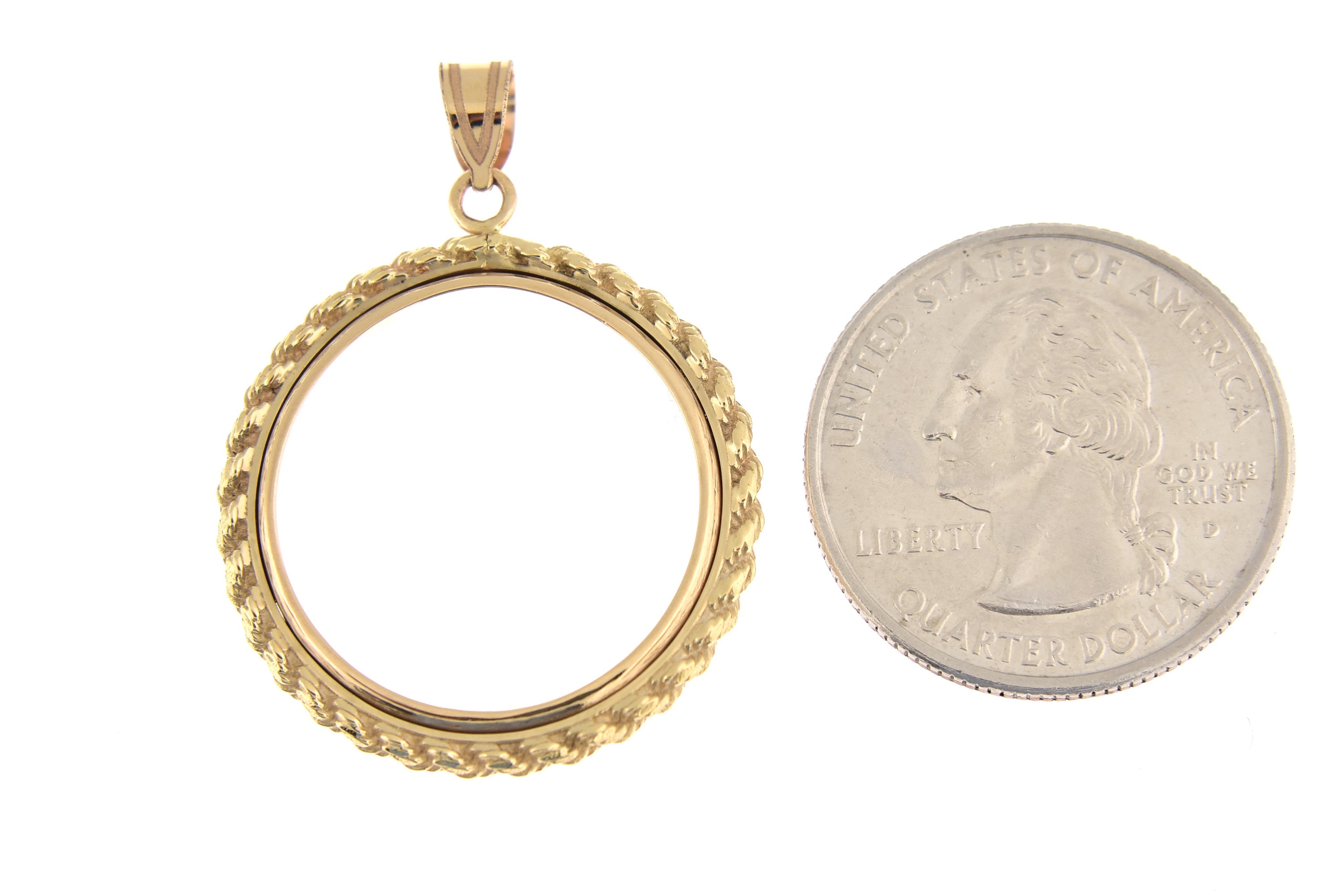 14K Yellow Gold 1/4 oz American Eagle 1/4 oz Panda US $5 Dollar Jamestown 2 Rand Coin Holder Holds 22mm Coins Rope Polished Prong Pendant Charm
