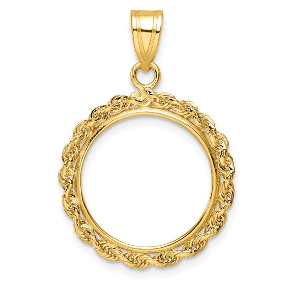14K Yellow Gold 1/10 oz or One Tenth Ounce American Eagle Coin Holder Holds 16.5mm x 1.3mm Coin Prong Bezel Rope Edge Pendant Charm