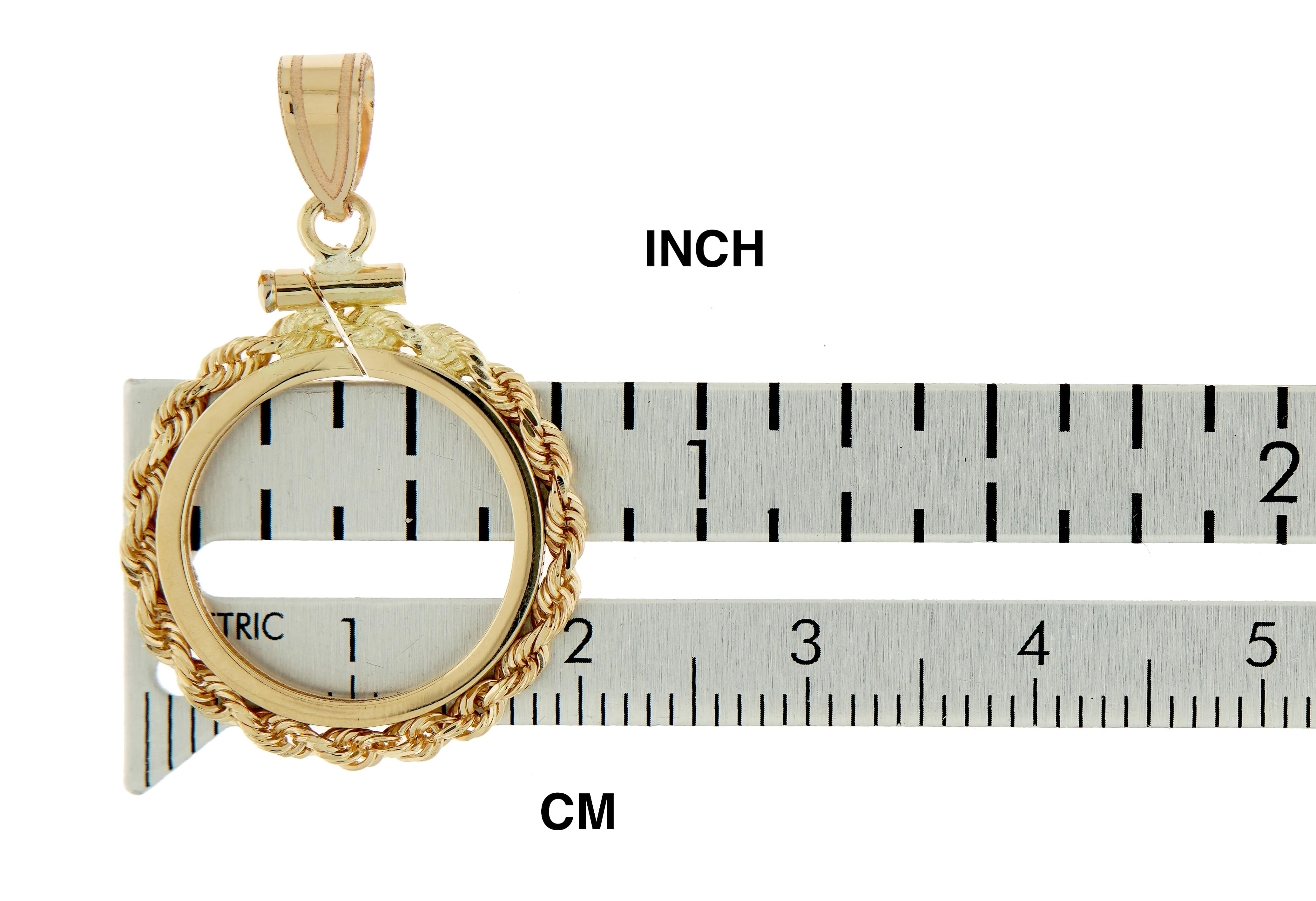 14K Yellow Gold 1/10 oz Maple Leaf 1/10 oz Philharmonic 1/10 oz Australian Nugget 1/10 oz Kangaroo Coin Holder Holds 16mm Coins Rope Bezel Screw Top Pendant Charm