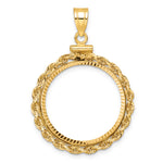 Load image into Gallery viewer, 14K Yellow Gold Diamond Cut Rope Edge 1/4 oz American Eagle Panda 2 Rand US $5 Jamestown Coin Holder Bezel Pendant Charm Screw Top for 22 mm Coins
