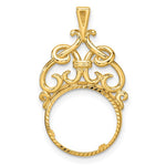 Afbeelding in Gallery-weergave laden, 14k Yellow Gold Filigree Ornate Diamond Cut Prong Coin Bezel Holder Pendant Charm for 13mm Coins United States US 1 Dollar Type 1 Mexican 2 Peso
