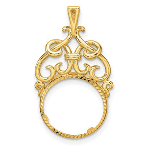 14k Yellow Gold Filigree Ornate Diamond Cut Prong Coin Bezel Holder Pendant Charm for 13mm Coins United States US 1 Dollar Type 1 Mexican 2 Peso