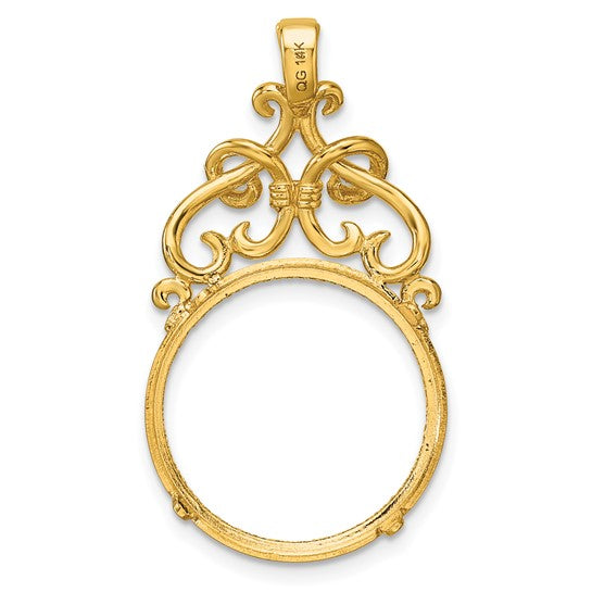 14k Yellow Gold Filigree Ornate Diamond Cut Prong Coin Bezel Holder Pendant Charm for 17.8mm Coins or US $2.50 Dollar Liberty $2.50 US Dollar Indian or Barber Dime or Mercury Dime