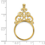 Afbeelding in Gallery-weergave laden, 14k Yellow Gold Filigree Ornate Diamond Cut Prong Coin Bezel Holder Pendant Charm for 17.8mm Coins or US $2.50 Dollar Liberty $2.50 US Dollar Indian or Barber Dime or Mercury Dime
