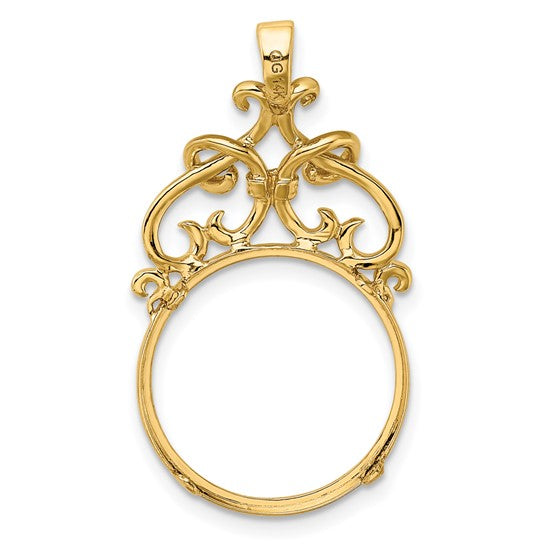 14k Yellow Gold Filigree Ornate Prong Coin Bezel Holder Pendant Charm for 13mm Coins United States US 1 Dollar Type 1 Mexican 2 Peso
