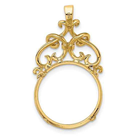 14k Yellow Gold Filigree Ornate Prong Coin Bezel Holder Pendant Charm for 17.8mm Coins or US $2.50 Dollar Liberty $2.50 US Dollar Indian or Barber Dime or Mercury Dime