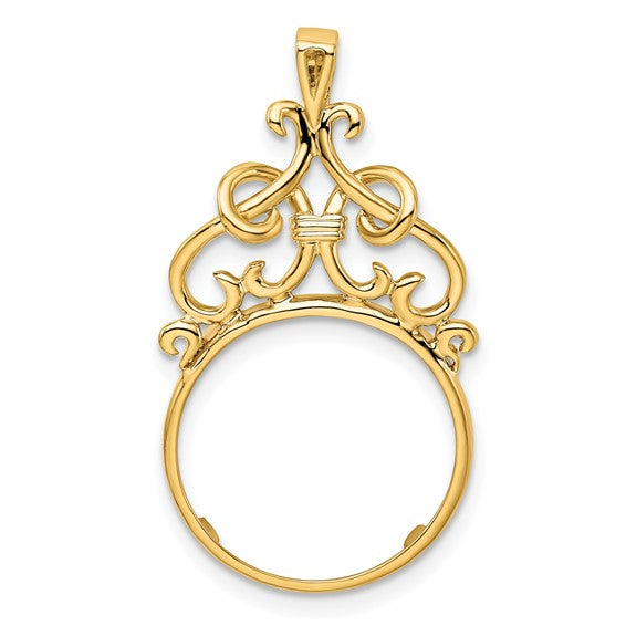14k Yellow Gold Filigree Ornate Prong Coin Bezel Holder Pendant Charm for 17.8mm Coins or US $2.50 Dollar Liberty $2.50 US Dollar Indian or Barber Dime or Mercury Dime
