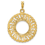 Load image into Gallery viewer, 14k Yellow Gold Prong Coin Bezel Holder for 13mm Coins or US $1 Dollar Type 1 or Mexican 2 Peso Diamond Cut Greek Key Pendant Charm
