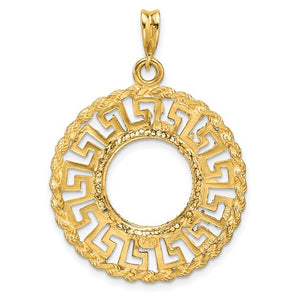 14k Yellow Gold Prong Coin Bezel Holder for 13mm Coins or US $1 Dollar Type 1 or Mexican 2 Peso Diamond Cut Greek Key Pendant Charm
