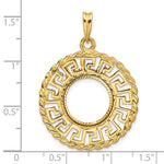 이미지를 갤러리 뷰어에 로드 , 14k Yellow Gold Prong Coin Bezel Holder for 13mm Coins or US $1 Dollar Type 1 or Mexican 2 Peso Diamond Cut Greek Key Pendant Charm
