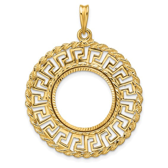 14k Yellow Gold Prong Coin Bezel Holder for 17.8mm Coins or US $2.50 Dollar Liberty US $2.50 Dollar Indian Barber Dime Mercury Dime Diamond Cut Greek Key Pendant Charm