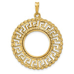 Load image into Gallery viewer, 14k Yellow Gold Prong Coin Bezel Holder for 17.8mm Coins or US $2.50 Dollar Liberty US $2.50 Dollar Indian Barber Dime Mercury Dime Diamond Cut Greek Key Pendant Charm
