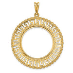 Load image into Gallery viewer, 14k Yellow Gold Prong Coin Bezel Holder for 27mm Coins or 1/2 oz American Eagle or US $10 Dollar Liberty Indian or 1/2 oz Panda Diamond Cut Greek Key Pendant Charm
