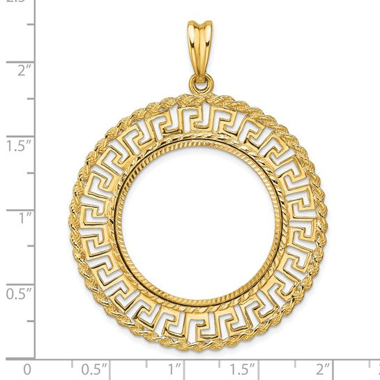 14k Yellow Gold Prong Coin Bezel Holder for 27mm Coins or 1/2 oz American Eagle or US $10 Dollar Liberty Indian or 1/2 oz Panda Diamond Cut Greek Key Pendant Charm