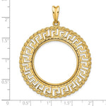 Afbeelding in Gallery-weergave laden, 14k Yellow Gold Prong Coin Bezel Holder for 27mm Coins or 1/2 oz American Eagle or US $10 Dollar Liberty Indian or 1/2 oz Panda Diamond Cut Greek Key Pendant Charm
