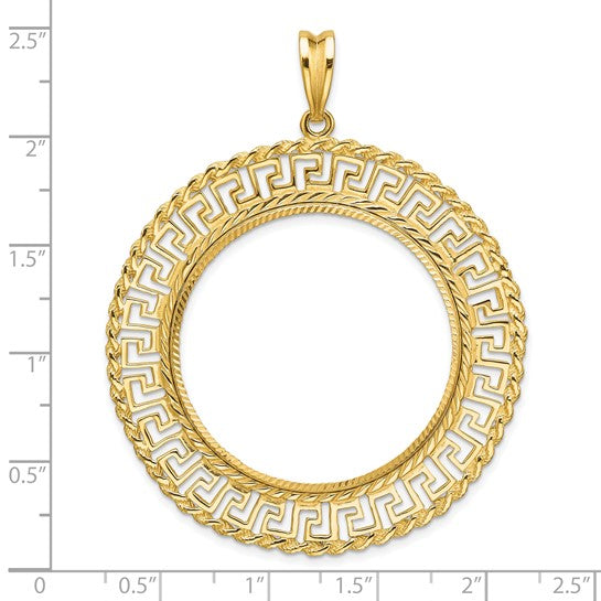 14k Yellow Gold Prong Coin Bezel Holder for 32.7mm Coins or 1 oz American Eagle or 1 oz Cat or 1 oz Krugerrand Diamond Cut Greek Key Pendant Charm