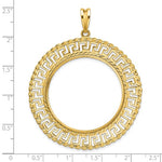 Load image into Gallery viewer, 14k Yellow Gold Prong Coin Bezel Holder for 32.7mm Coins or 1 oz American Eagle or 1 oz Cat or 1 oz Krugerrand Diamond Cut Greek Key Pendant Charm
