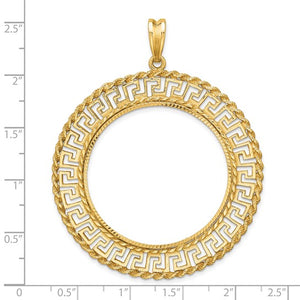 14k Yellow Gold Prong Coin Bezel Holder for 34.2mm Coins or $20 Dollar Liberty or US $20 Saint Gaudens Diamond Cut Greek Key Beaded Pendant Charm