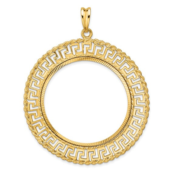 14k Yellow Gold Prong Coin Bezel Holder for 37mm Coins or Mexican 50 Pesos Diamond Cut Greek Key Pendant Charm