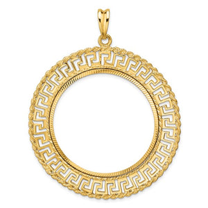 14k Yellow Gold Prong Coin Bezel Holder for 37mm Coins or Mexican 50 Pesos Diamond Cut Greek Key Pendant Charm