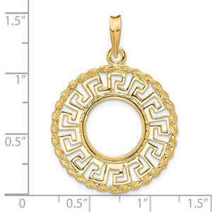 14k Yellow Gold Prong Coin Bezel Holder for 13mm Coins or US $1 Dollar Type 1 or Mexican 2 Peso Greek Key Pendant Charm