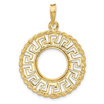 Load image into Gallery viewer, 14k Yellow Gold Prong Coin Bezel Holder for 13mm Coins or US $1 Dollar Type 1 or Mexican 2 Peso Greek Key Pendant Charm
