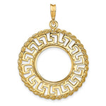Afbeelding in Gallery-weergave laden, 14k Yellow Gold Prong Coin Bezel Holder for 16.5mm Coins or 1/10 oz American Eagle 1/10 oz Krugerrand Greek Key Rope Design Pendant Charm
