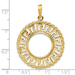 Load image into Gallery viewer, 14k Yellow Gold Prong Coin Bezel Holder for 16.5mm Coins or 1/10 oz American Eagle 1/10 oz Krugerrand Greek Key Rope Design Pendant Charm
