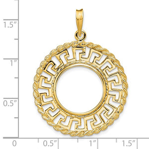 14k Yellow Gold Prong Coin Bezel Holder for 16.5mm Coins or 1/10 oz American Eagle 1/10 oz Krugerrand Greek Key Rope Design Pendant Charm