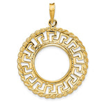 Afbeelding in Gallery-weergave laden, 14k Yellow Gold Prong Coin Bezel Holder for 16.5mm Coins or 1/10 oz American Eagle 1/10 oz Krugerrand Greek Key Rope Design Pendant Charm
