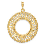 Ladda upp bild till gallerivisning, 14k Yellow Gold Prong Coin Bezel Holder for 17.8mm Coins or US $2.50 Dollar Liberty US $2.50 Dollar Indian Barber Dime Mercury Dime Greek Key Pendant Charm
