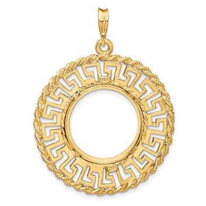 14k Yellow Gold Prong Coin Bezel Holder for 17.8mm Coins or US $2.50 Dollar Liberty US $2.50 Dollar Indian Barber Dime Mercury Dime Greek Key Pendant Charm