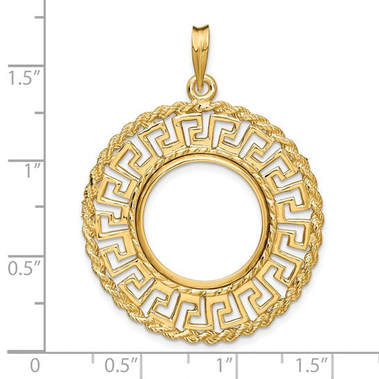 14k Yellow Gold Prong Coin Bezel Holder for 17.8mm Coins or US $2.50 Dollar Liberty US $2.50 Dollar Indian Barber Dime Mercury Dime Greek Key Pendant Charm