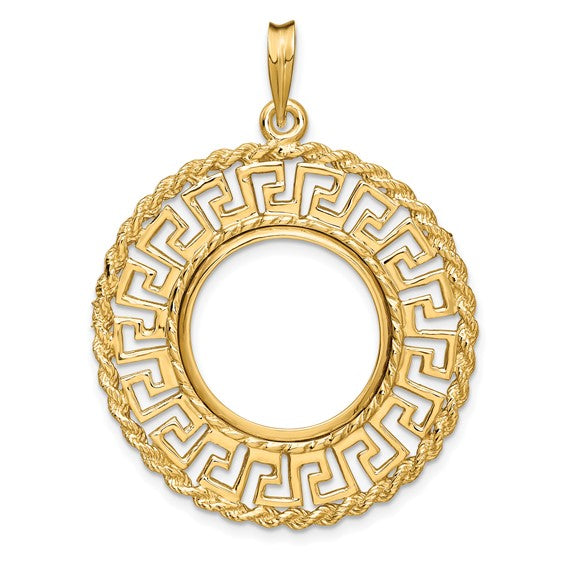 14k Yellow Gold Prong Coin Bezel Holder for 17.8mm Coins or US $2.50 Dollar Liberty US $2.50 Dollar Indian Barber Dime Mercury Dime Greek Key Pendant Charm