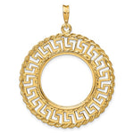 Indlæs billede til gallerivisning 14k Yellow Gold Prong Coin Bezel Holder for 22mm Coins or 1/4 oz American Eagle US $5 Dollar Jamestown 1/4 oz Panda 2 Rand Greek Key Pendant Charm
