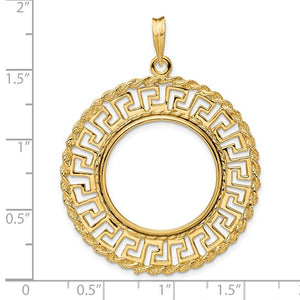 14k Yellow Gold Prong Coin Bezel Holder for 22mm Coins or 1/4 oz American Eagle US $5 Dollar Jamestown 1/4 oz Panda 2 Rand Greek Key Pendant Charm