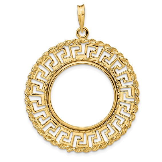 14k Yellow Gold Prong Coin Bezel Holder for 22mm Coins or 1/4 oz American Eagle US $5 Dollar Jamestown 1/4 oz Panda 2 Rand Greek Key Pendant Charm