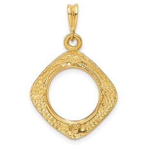 14k Yellow Gold Diamond Shaped Beaded Prong Coin Bezel Holder Pendant Charm for 13mm Coins United States US 1 Dollar Type 1 Mexican 2 Peso