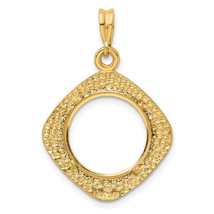 14k Yellow Gold Prong Coin Bezel Holder for 15mm Coins or US $1 Dollar Type 2 Diamond Shaped Beaded Pendant Charm
