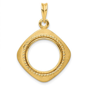 14k Yellow Gold Prong Coin Bezel Holder for 15mm Coins or US $1 Dollar Type 2 Diamond Shaped Beaded Pendant Charm