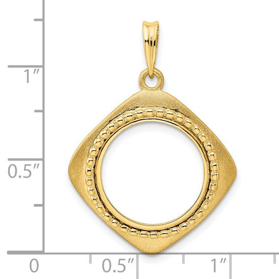 14k Yellow Gold Prong Coin Bezel Holder for 16.5mm Coins or 1/10 oz American Eagle 1/10 oz Krugerrand Diamond Shaped Beaded Pendant Charm
