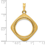 Afbeelding in Gallery-weergave laden, 14k Yellow Gold Prong Coin Bezel Holder for 17.8mm Coins or US $2.50 Dollar Liberty US $2.50 Dollar Indian Barber Dime Mercury Dime Diamond Shaped Beaded Pendant Charm
